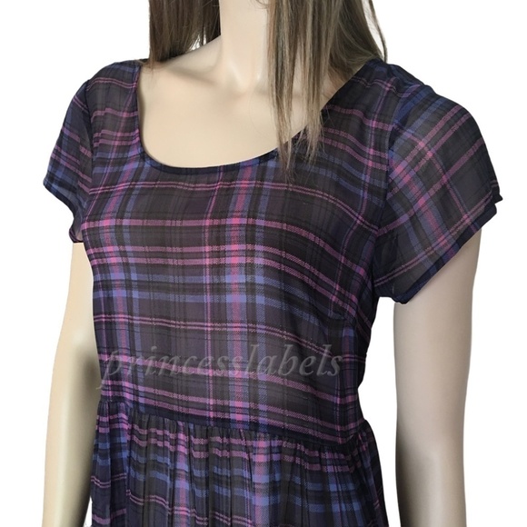 Band of Gypsies (BOG) Babydoll Plaid Dress Semi Sheer Pockets Tie Back Plaid - Picture 6 of 11